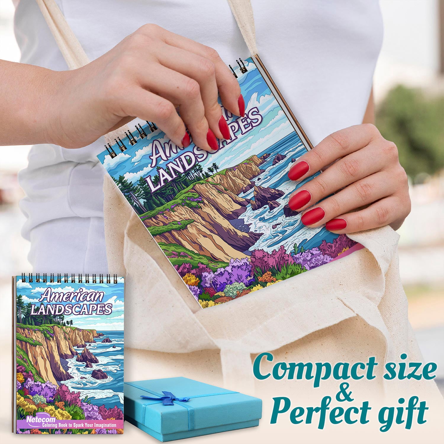 Netecom American Landscapes Coloring Book Spiral Bound for Adults, A5 Wooden Cover, 30 Tranquil Coloring Pages of Nature Scenes in America for Stress Relief and Relaxation