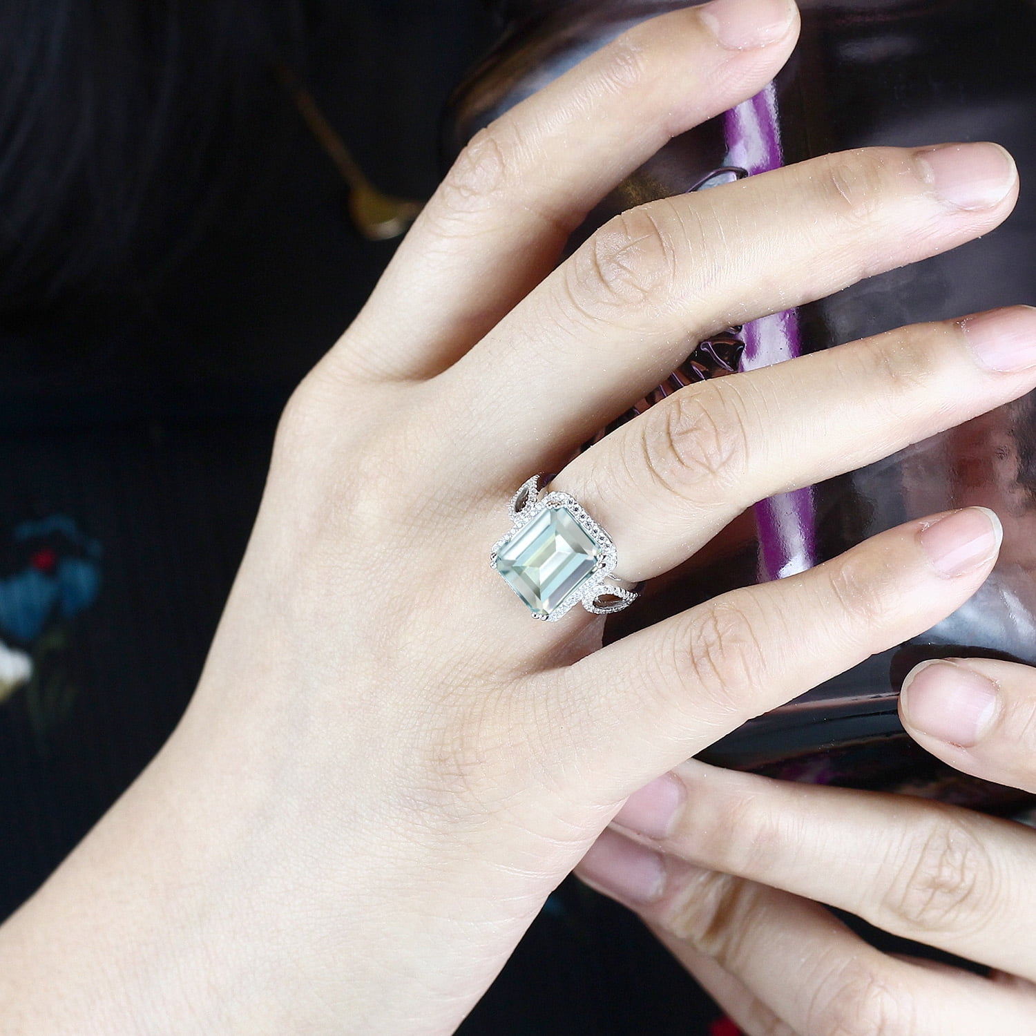 Gem Stone King 6.23 Cttw Sky Blue Simulated Aquamarine Ring for Women | 925 Sterling Silver | Emerald Cut 12X10MM | Gemstone Birthstone | Wedding Engagement Anniversary Promise Ring for Women
