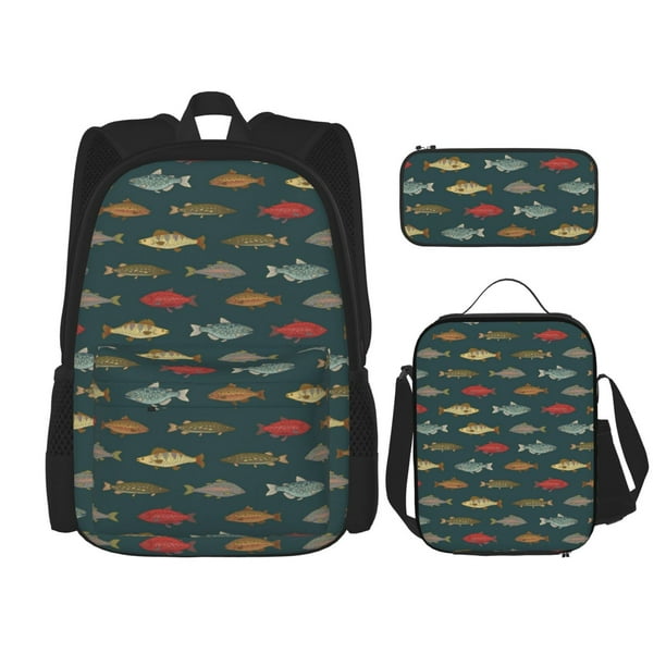 Easygdp River Freshwater Fish Mochila para Niños y Niñas con Set de Caja de Almuerzo y Estuche para Lápices 3 en 1, Mochila Escolar Estampada para Adolescentes