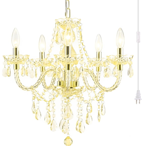PAPAYA Suspension à 5 Lumières à Brancher en Cristal Doré, Lustre en Acrylique avec Cordon et Interrupteur Marche/arrêt H19 D19,7 pour Îlot de Cuisine, Chambre de Fille, Salle à Manger