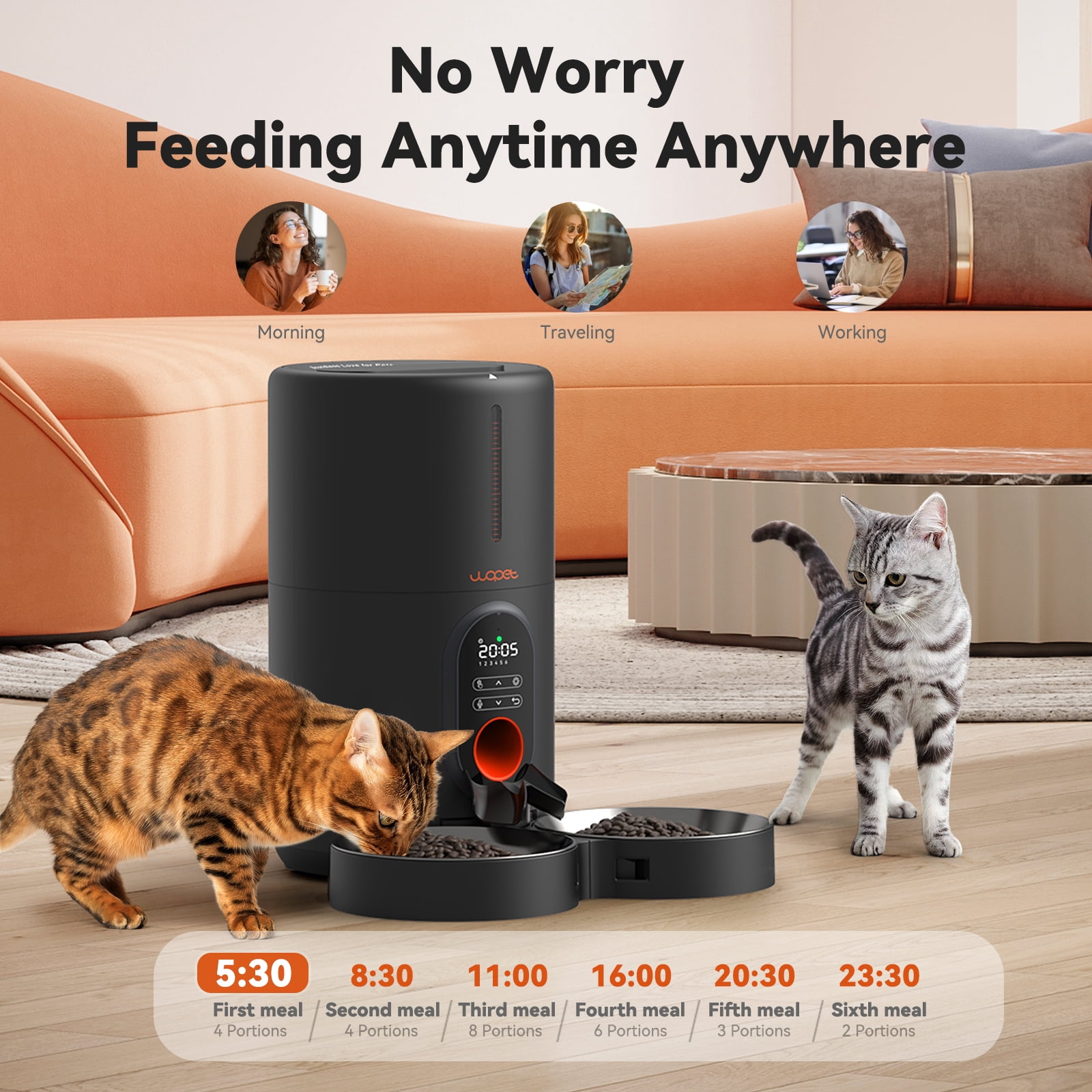 WOPET Automatic Cat Feeders for 2 Cats - Timed Dog Food Dispenser with Splitter and Two Stainless Bowls, Cat Feeders 10s Meal Call, 6 Meals Per Day for Cats & Small Dogs, Black