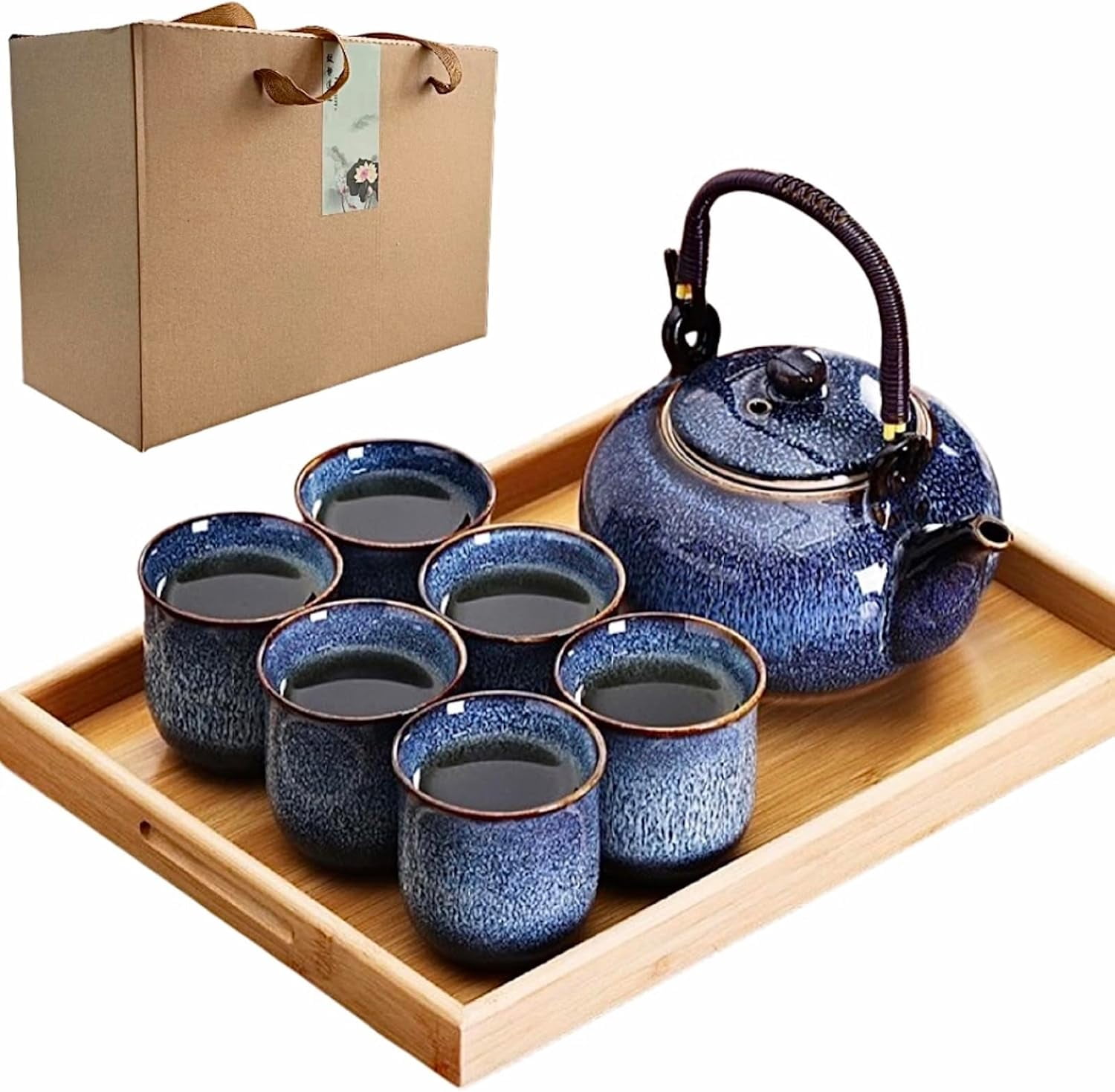 Made In Japan Tombo Dragonfly Blue Glazed Ceramic Tea Pot and Cups