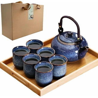 Made In Japan Tombo Dragonfly Blue Glazed Ceramic Tea Pot and Cups