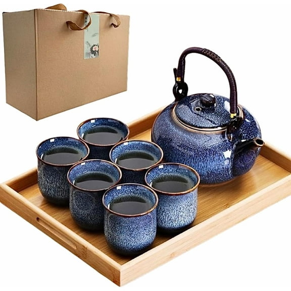 Japanese Tea Set Traditional, Chinese/Asian Tea Sets for 6 Adults, Pretty Tea Set with Tray and Infuser, Porcelain Tea Pot and Tea Cups, Large Teapot, Gifts for Tea Lover, Birthday (Glaze Blue)