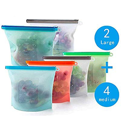 Silicone Bags Reusable Silicone Food Bag (Set of 6)-2xLarge 50oz,4xMedium 30oz,Versatile Preservation Bag Container for Vegetable,Liquid,Snack,Meat,Fruit