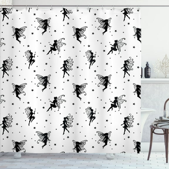 Ambesonne Cartoon Shower Curtain, Winged Fairies and Stars, 69"Wx70"L, White and Charcoal Grey
