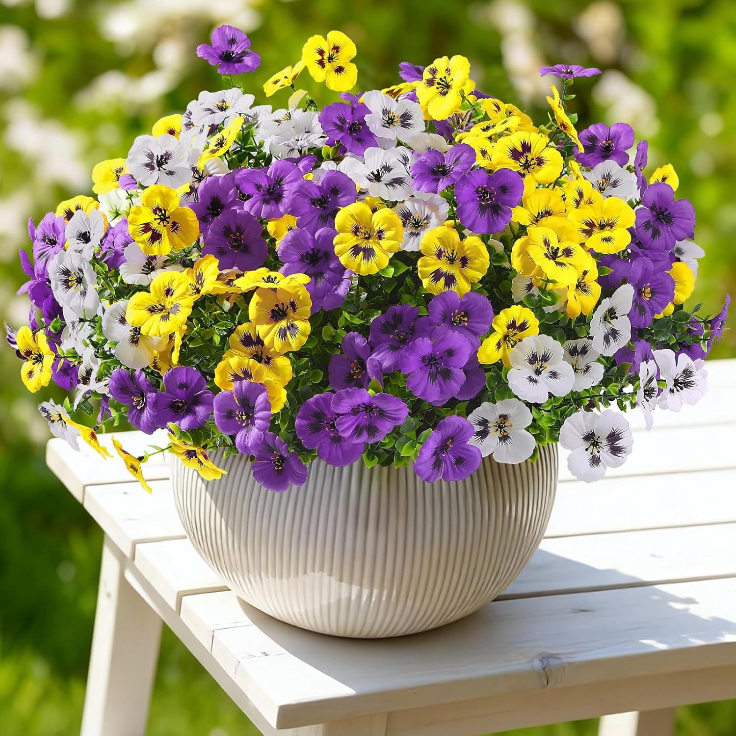 24 Bundles Artificial Flowers for Outdoors, Fake Spring Decoration, UV Resistant Realistic Pansies with Eucalyptus Silk Faux Porch Patio Yard, Purple Yellow White