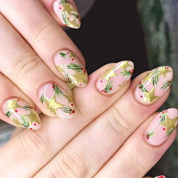 Zeiwohndc Shimmering Gold Leaf Fake Nail With Floral Art Comfort Fit Press On Nail
