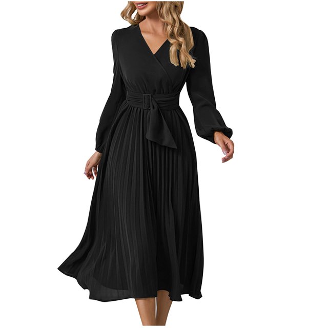 ICHUANYI Clearance Women's Summer Slim Pleated Belt Long Sleeve V-Neck A-Line Dress(Black, XXL) ICHUANYI WER2023080808544