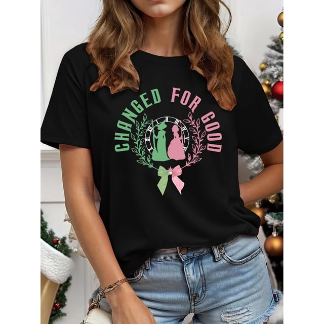 Camiseta con gráfico "Cambiado para siempre" - Cuello redondo informal, manga corta, top de moda para mujer, algodón transpirable, lavable a máquina, top deportivo de ocio