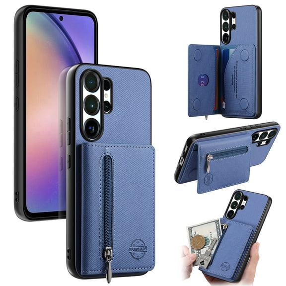 for Samsung Galaxy S25 Ultra Wallet Case, Denim Texture PU Leather Zipper Card Holder Flip Folio Phone Cover with Kickstand, Shockproof Protective RFID Blocking Anti-Scratch Durable Cover, Blue