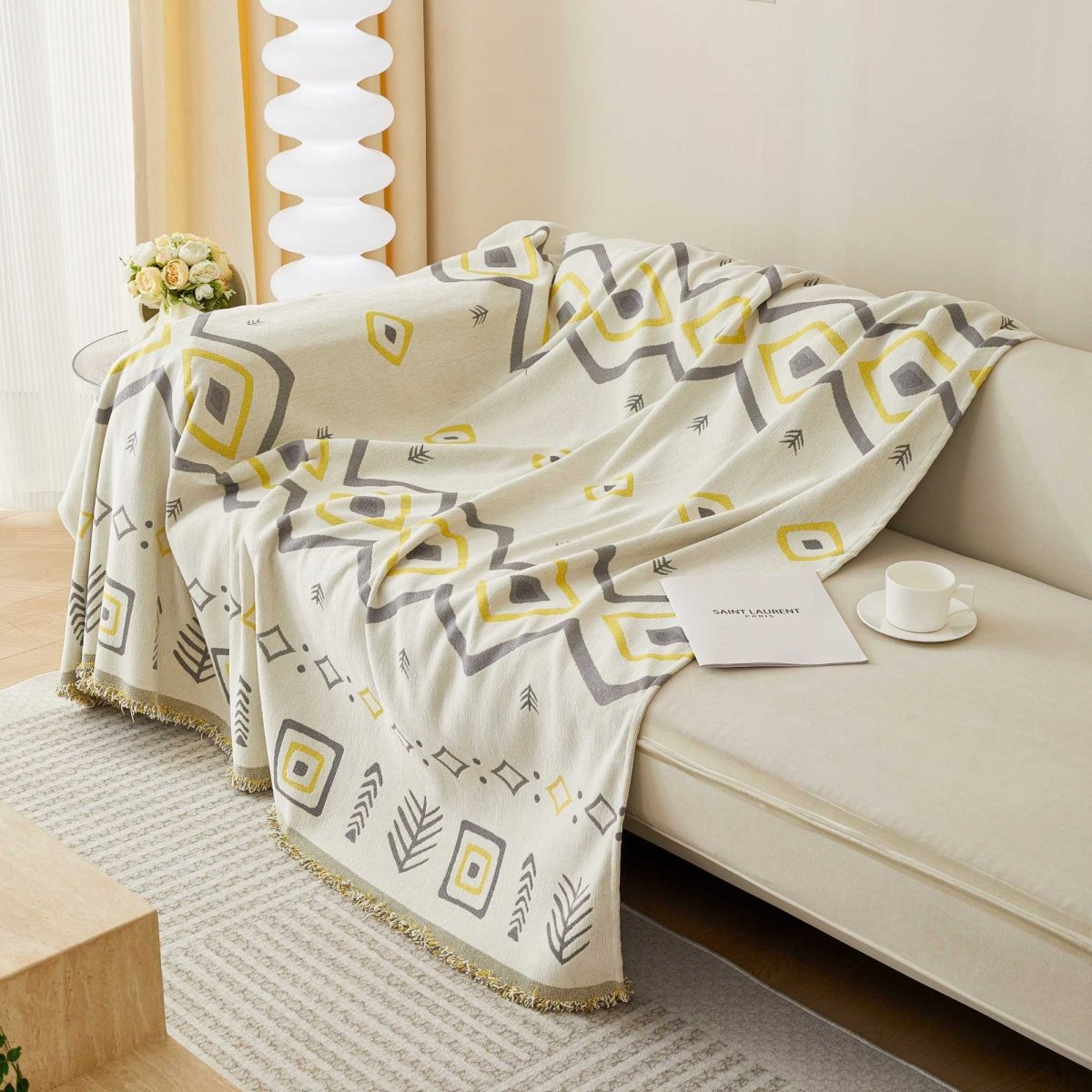 Croniis Boho Sofa Cover with Anti-slip Velcro Tape, Couch Blanket Cover Sectional Sofa Cover for Boho Style, Revitalizing the Old Sofa,Couch Protector,Chenille Fabric diamond pattern 71*134in