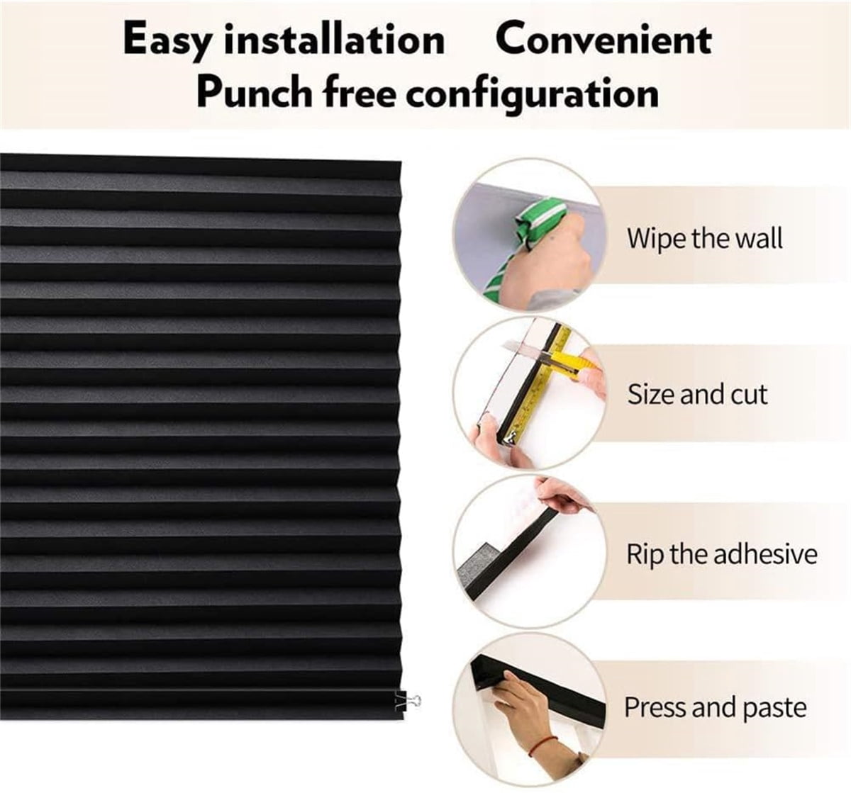 QZS Cordless Blackout Window Blinds,Pleated Blinds with Adhesive,Temporary Room Darkening Shades for Office,Window,35.4x59",2Pcs