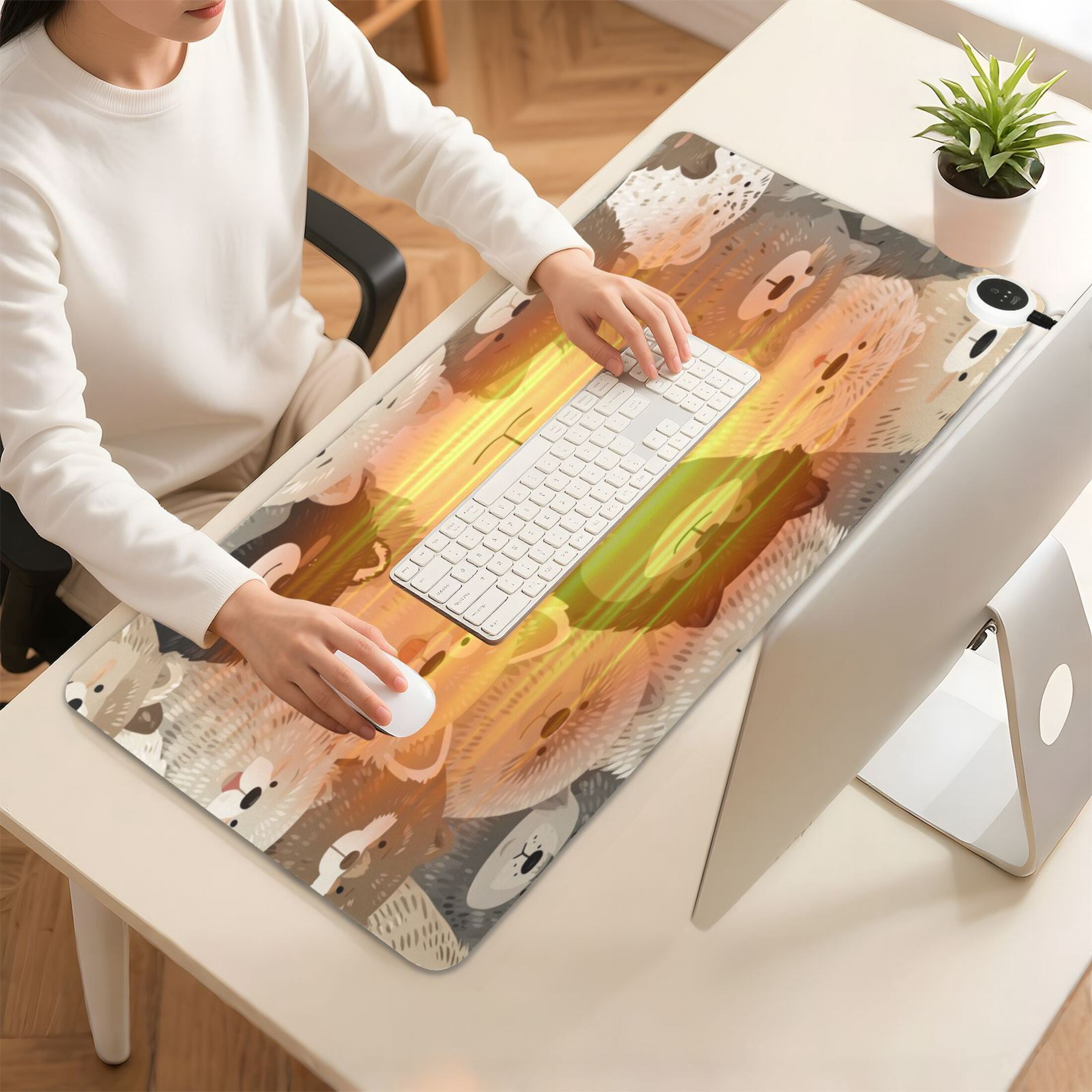 Large Heated Desk Mat Mouse Pad 31.5"x13"PU Leather Graphene Heating Desk Warmer with 3 Temperature Settings 110V US Plug Non-Slip Warm Pad for Home, Office, and Gaming Cute Fluffy Fur Family
