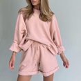 thumbnail image 4 of OUSITAID Solid Color Women Suit Drawstring O Neck Long Sleeve Top Shorts Suit for Daily Wear, 4 of 8