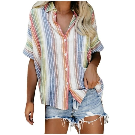 

Womens Blouses And Tops Dressy Women Casual Loose Colorful Stripes Button Short Sleeves Tops Shirt Round-Neck Button T-shirts Proclub Shirts Red S