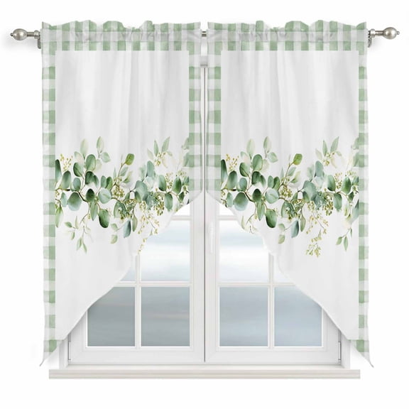Eucalyptus Leaves Swag Curtains for Kitchen/Bedroom/Living Room, Sage Green Plaid Watercolor Scalloped Curtains 63 Inch Long, Rod Pocket Window Swag Topper Curtains Valances 2 Panels Set 36"x63"