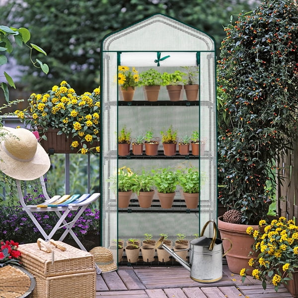 4 Tier Mini Greenhouse with PE Cover & Roll-Up Zipper Door, Portable Waterproof Greenhouse for Garden Backyard, 27" x 19" x 62", White