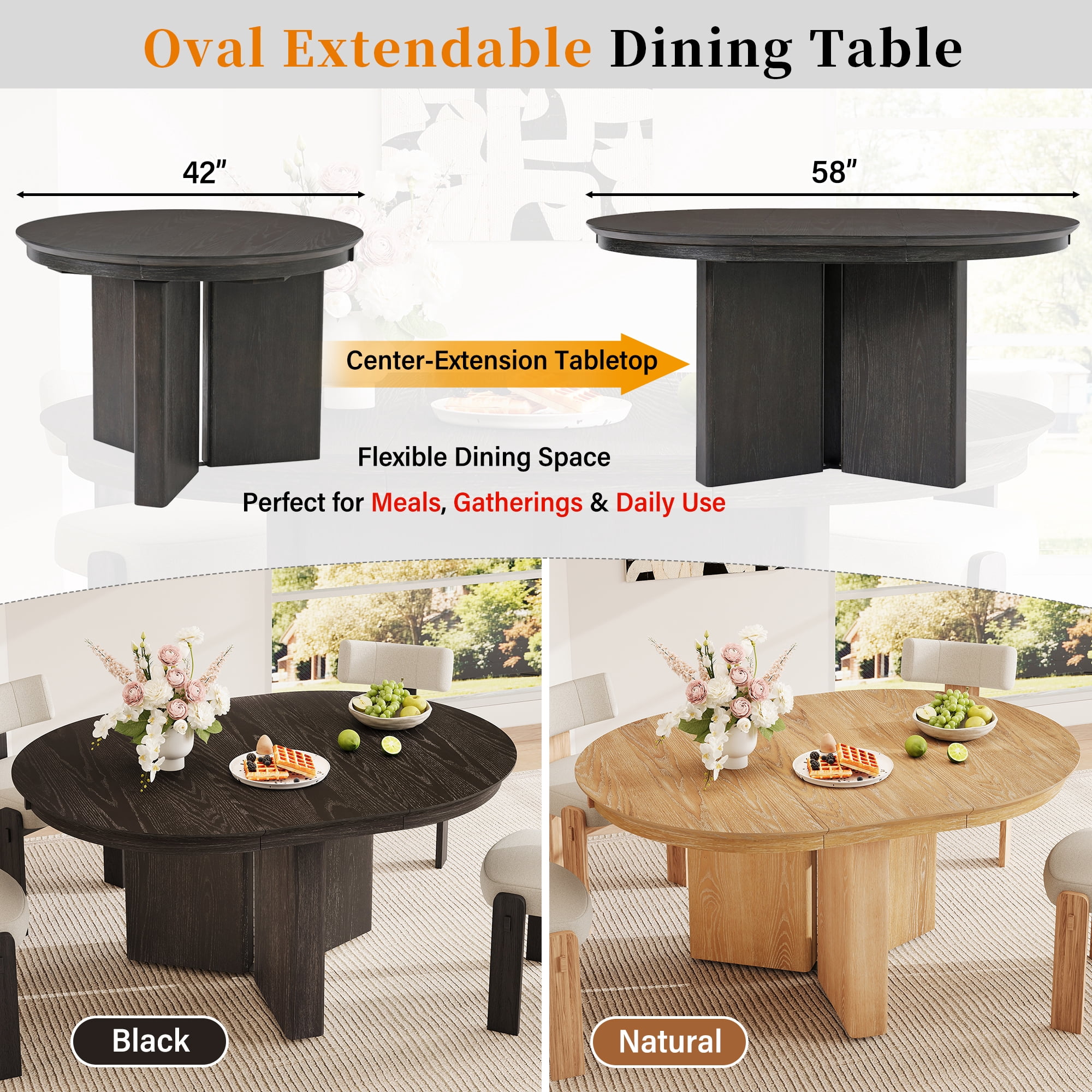 42-58 Inch Extendable Oval Dining Table with Pedestal Base, Modern Farmhouse Kitchen Table and Dining Room Centerpiece, Espresso
