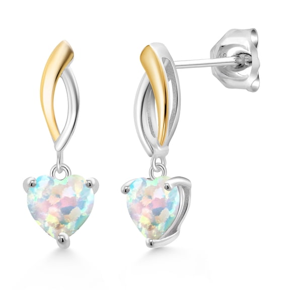 Gem Stone King 925 Sterling Silver and 10K Yellow Gold White Opal Dangle Earrings for Women (1.50 Cttw, Gemstone October Birthstone, Heart Shape 6MM)