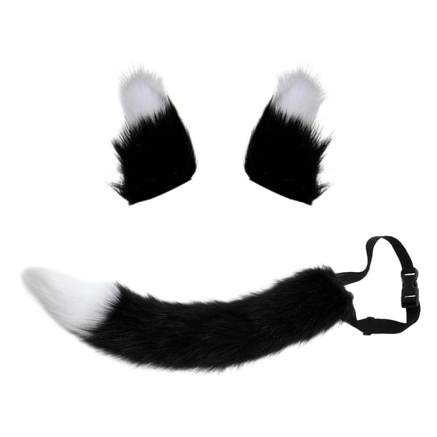 Kit de accesorios para cosplay con orejas y cola de zorro, pinzas para el cabello, orejas de peluche suave, imitación de disfraces de zorro. Negro Blanco1