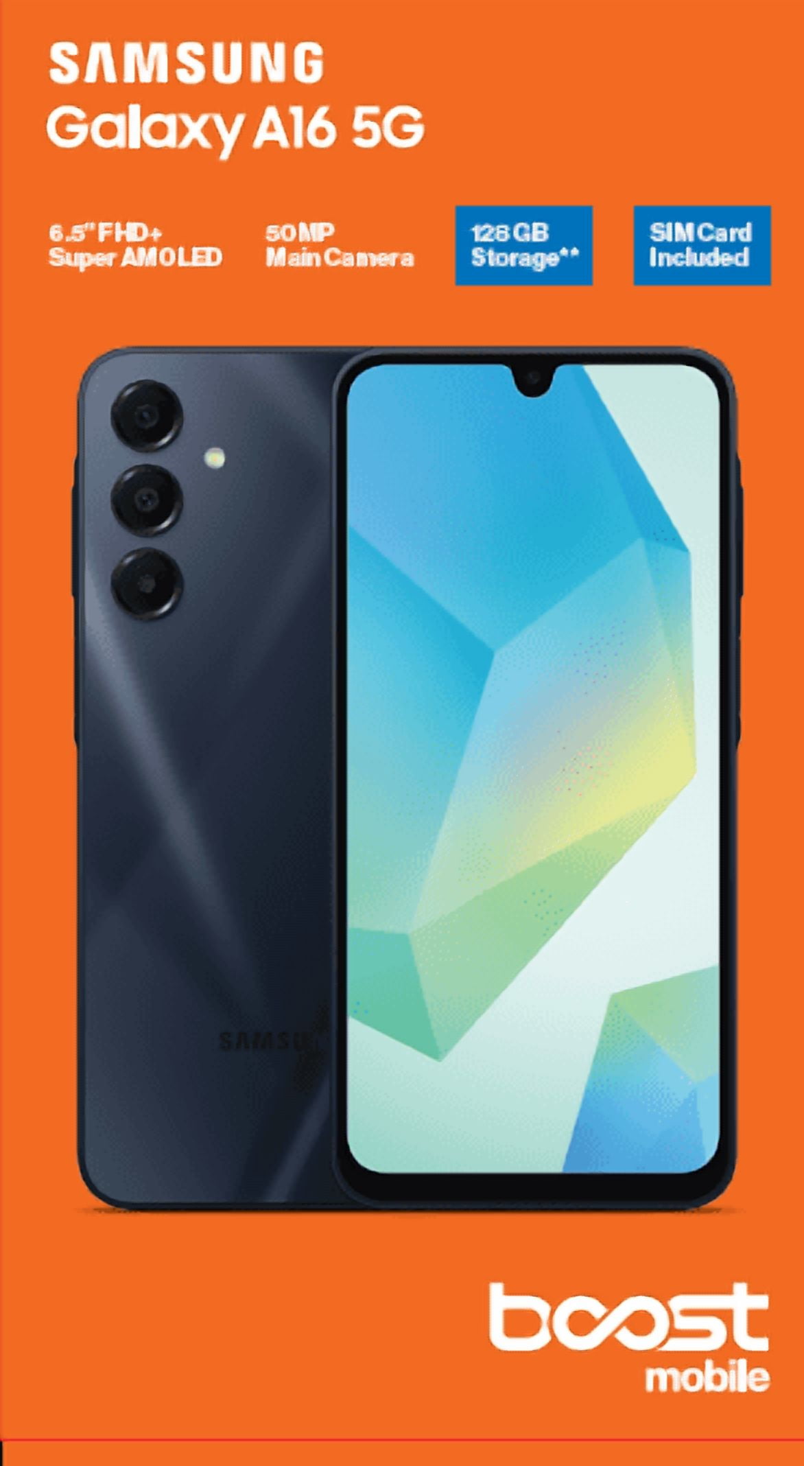Boost Mobile Samsung A16, 5G, 128GB, Black - Prepaid Smartphone [Locked to Boost Mobile]