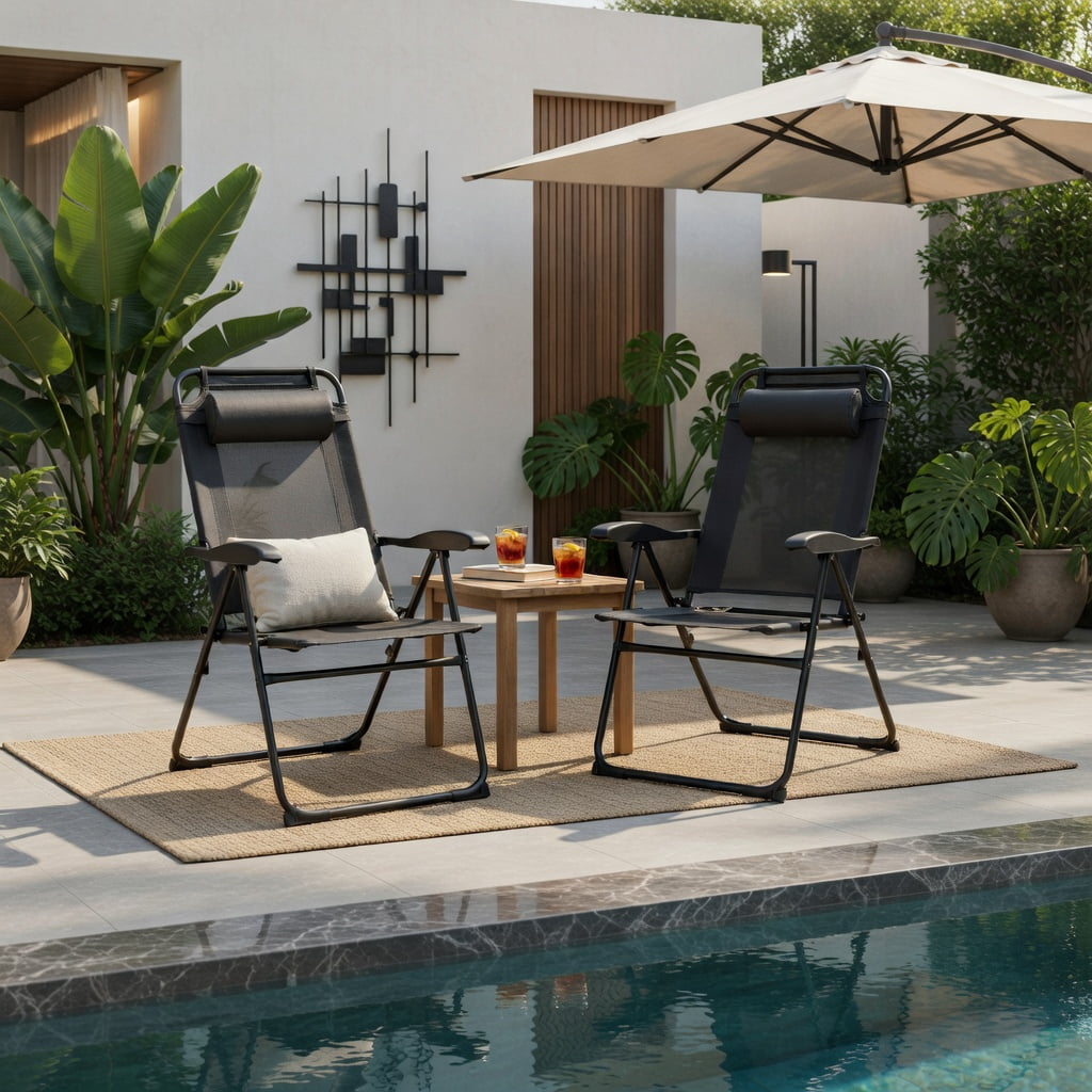 Hommoo 2-Pack Outdoor Adjustable Folding Recliner Chairs, 7-Position Backrest, Steel Frame & Breathable Oxford Fabric, Heavy-Duty Patio, Camping & Poolside Seating, Gray