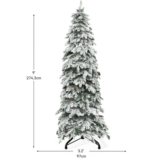 BOBOKY  Pre-Lit Flocked Pencil Spruce Christmas Tree Elegant Artificial with Pine Cones & Stand.9 ft