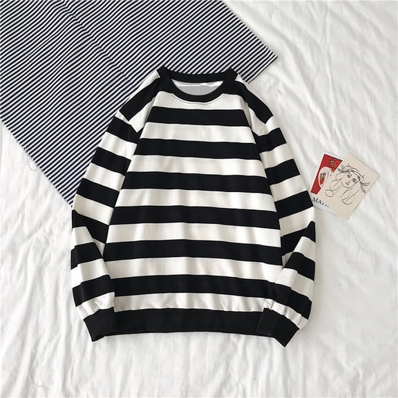 AOOCHASLIY Tops Clothes Men's Winter Round Neck Stripe Sweatshirt Pullover Tops Long Sleeved