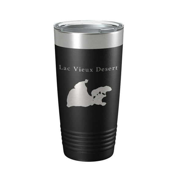 Lac Vieux Desert Tumbler Lake Map Travel Mug Insulated Laser Engraved Coffee Cup Michigan Wisconsin 20 oz Black
