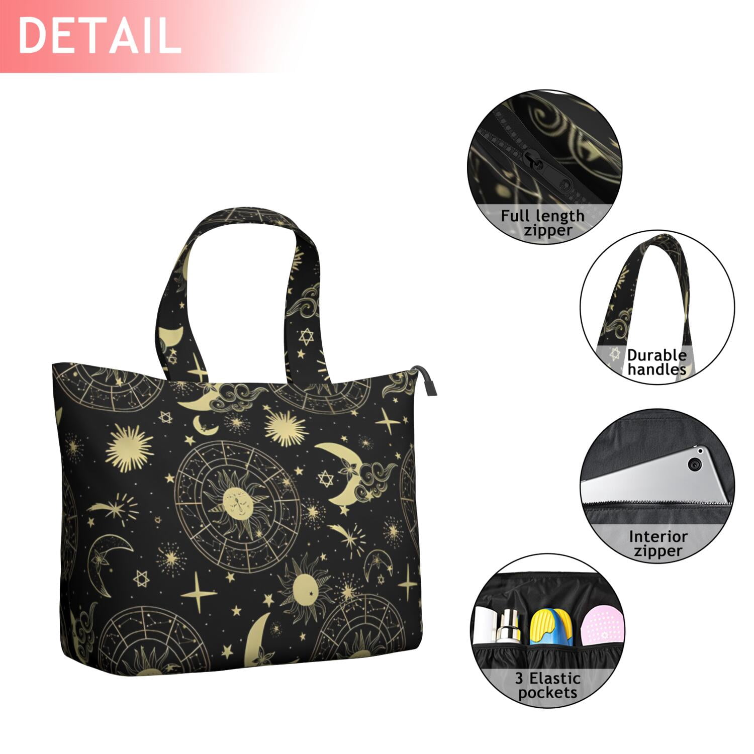 Black Gold Sun Moon Star Pattern Travel Tote Bags for Women Carry On,Large Weekender Bags for Women Travel,Multi Functional Duffle Bag for Work,Shopping,Sports