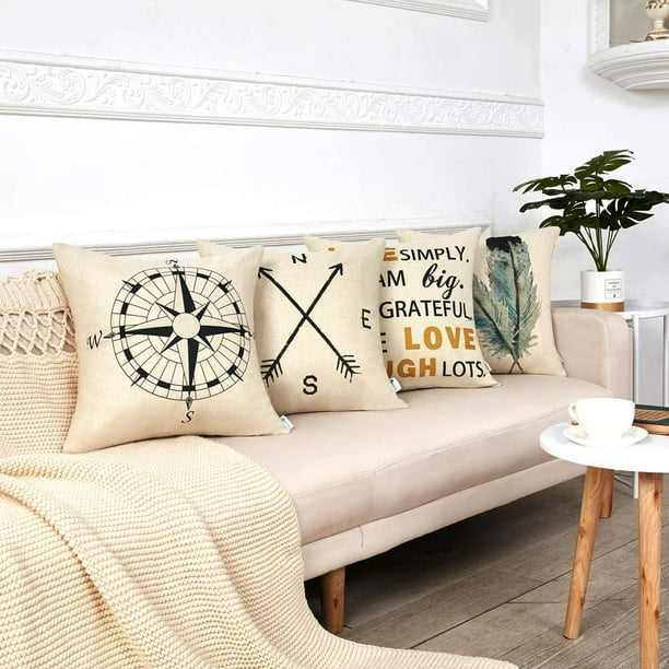 Decorative Throw Pillow Covers 22x22 Inch Set of 4 Compass Arrow Feather Live Love Laugh Quote Couch Pillow Covers Cushion Case for Modern Simple