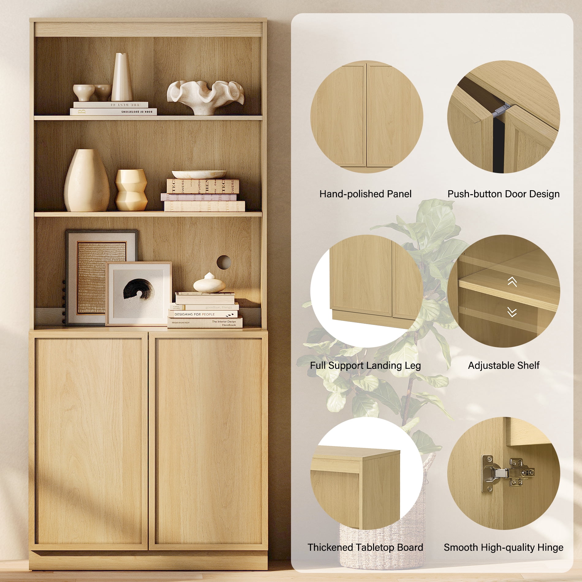 Modern Wood Sideboard Buffet with Doors & Adjustable Shelves, 72" Tall Storage Cabinet for Dining Room Kitchen,Oak