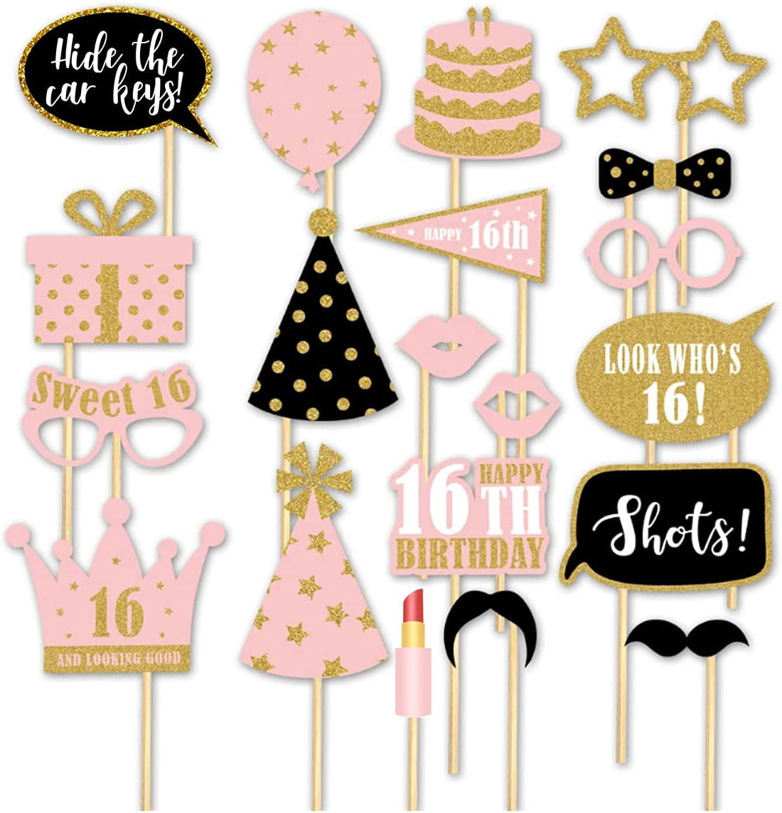 Rose Gold Sweet 16 Birthday Decorations With Photo Booth Backdrop and Props Sweet 16th Birthday Party Supplies Happy Birthday Banner, Confetti & Mylar Balloons, Curtains, Sash, Cake Topper, Tablecloth