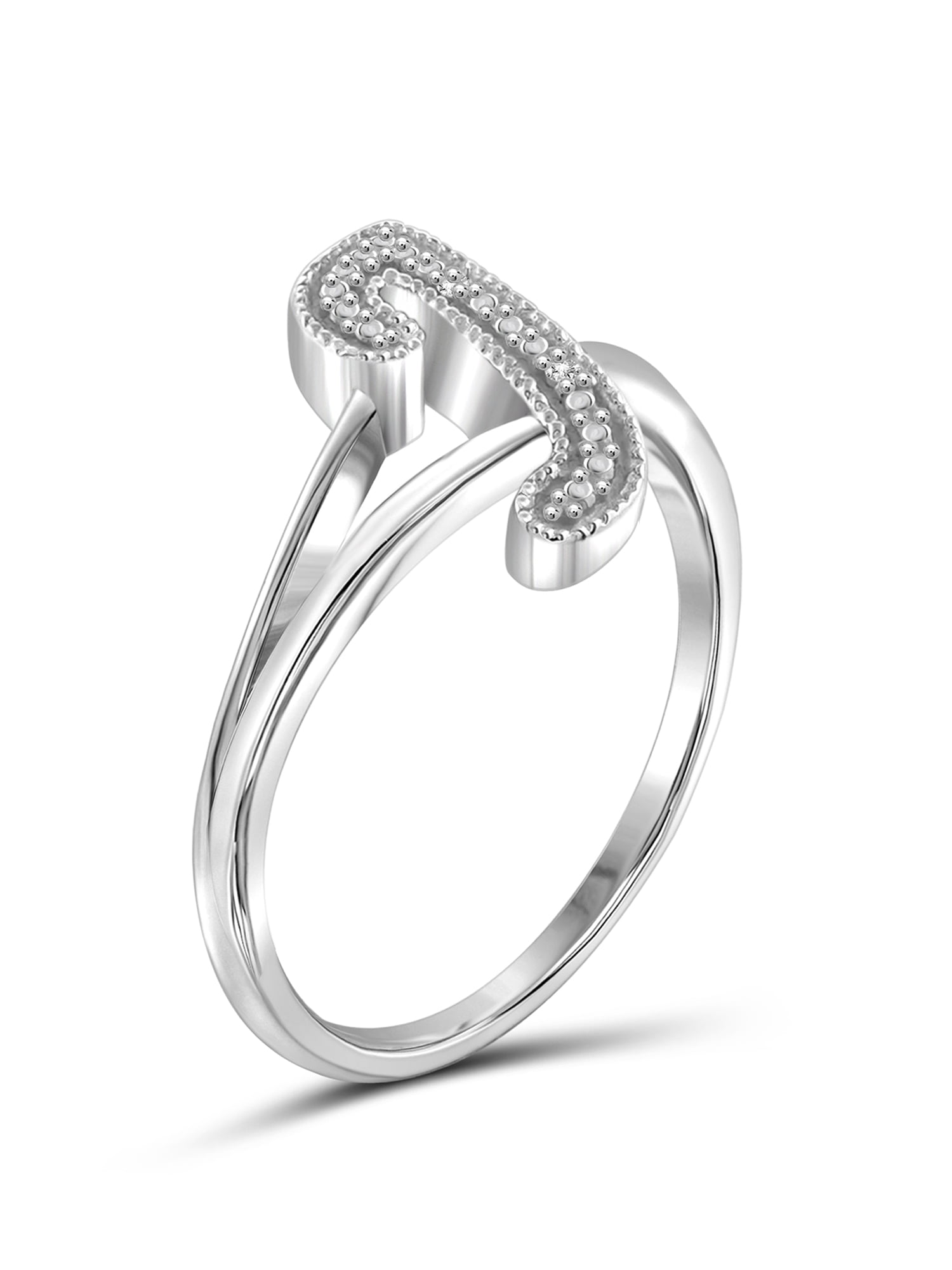 JewelersClub Accent White Diamond Initial Letter Ring for Women | Customizable Sterling Silver J Alphabet Monogram Ring for Girls | Cursive Script Capital Letters | Personalized Jewelry Gift for Her