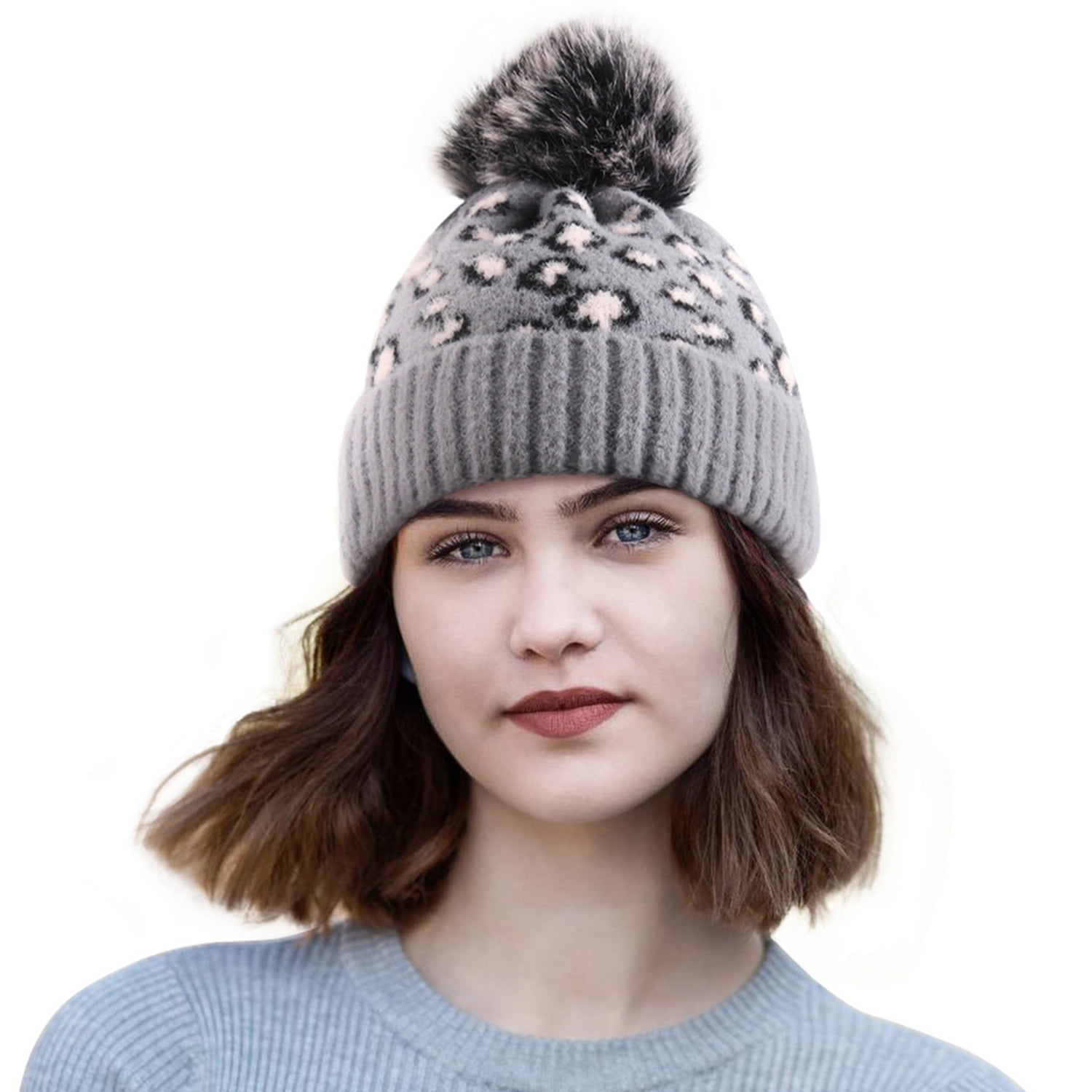 Hat Winter Beanie Hat with Large Faux Fur Bobble Pom Pom Winter Fur Knitted Hat for Outdoor Camping Ski Caps Knitted Hat and Circle Scarf Set for Women Color : Beige