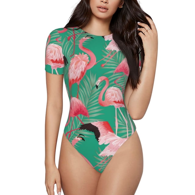Balery Tropical Flamingo Body de cuello redondo de manga corta para mujer Tops de manga corta Tops básicos-Large