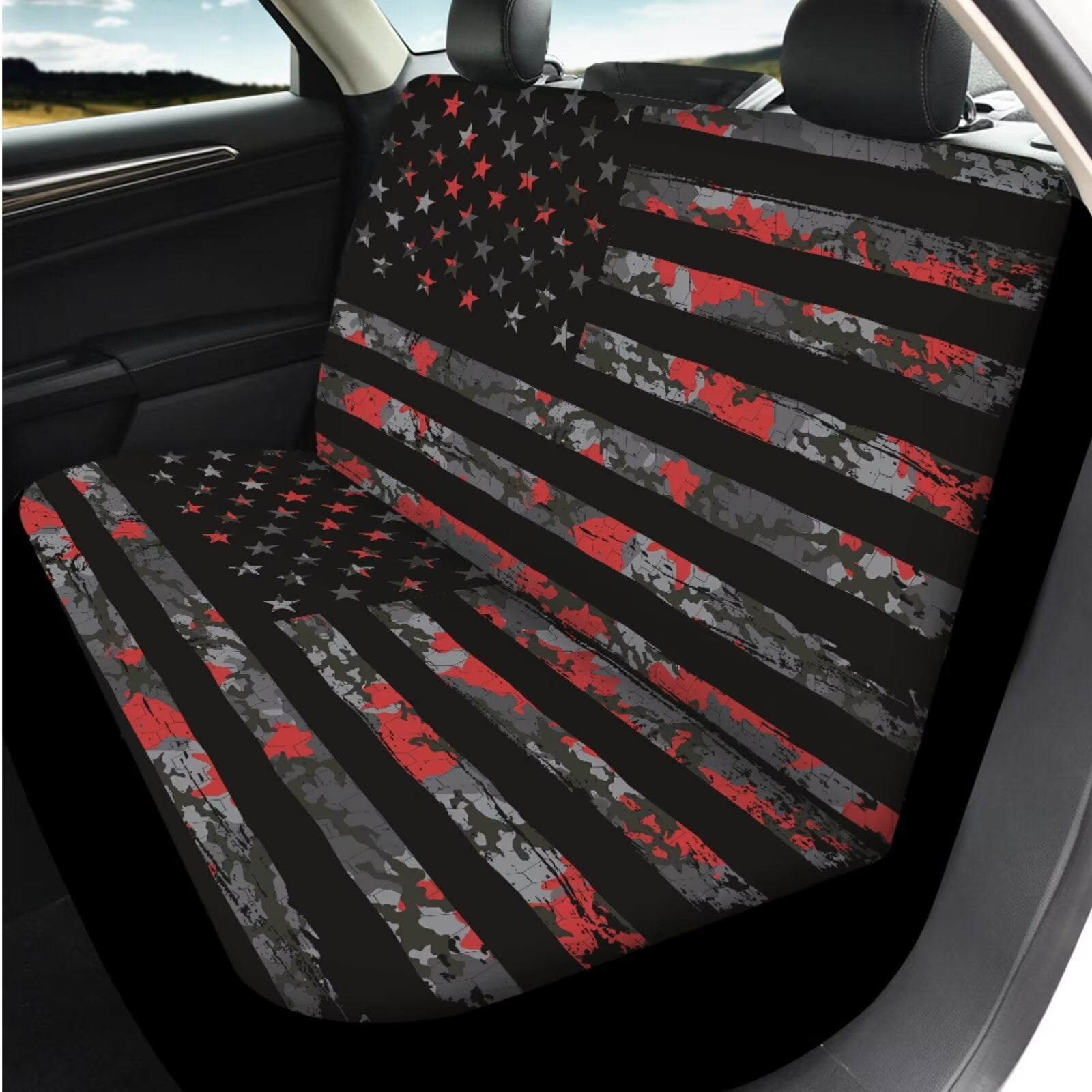 Uorisanigo American Flag 14 Pieces Car Accessories Set with Car Seat Covers and Steering Wheel Cover Water Cup Pad Car Console Cover Seat Belt Pads Keychain Soft Elastic Fabrics Fit Car SUV