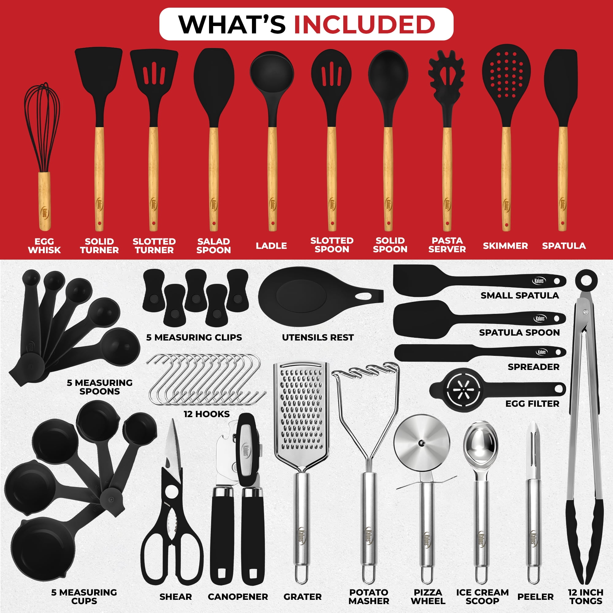Kaluns Kitchen Utensils Set, 50 Piece Silicone And Stainless Steel Cooking Utensils, Dishwasher Safe and Heat Resistant Kitchen Tools