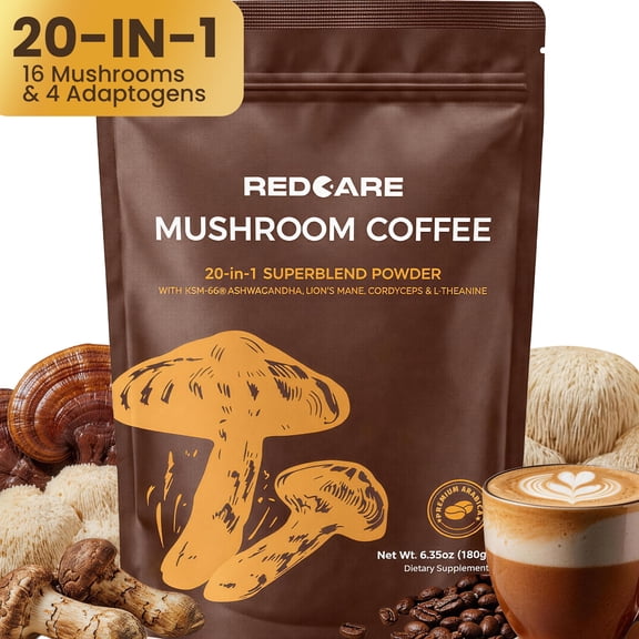 Mushroom Coffee w/ Adaptogenic Mushrooms, Lion's Mane, Cordyceps, Turkey Tail,Reishi, Ashwagandha, L-Theanine,Green Tea, Instant Coffee Powder for Focus, Digestion & Immunity, Fruiting Body, 6.35oz