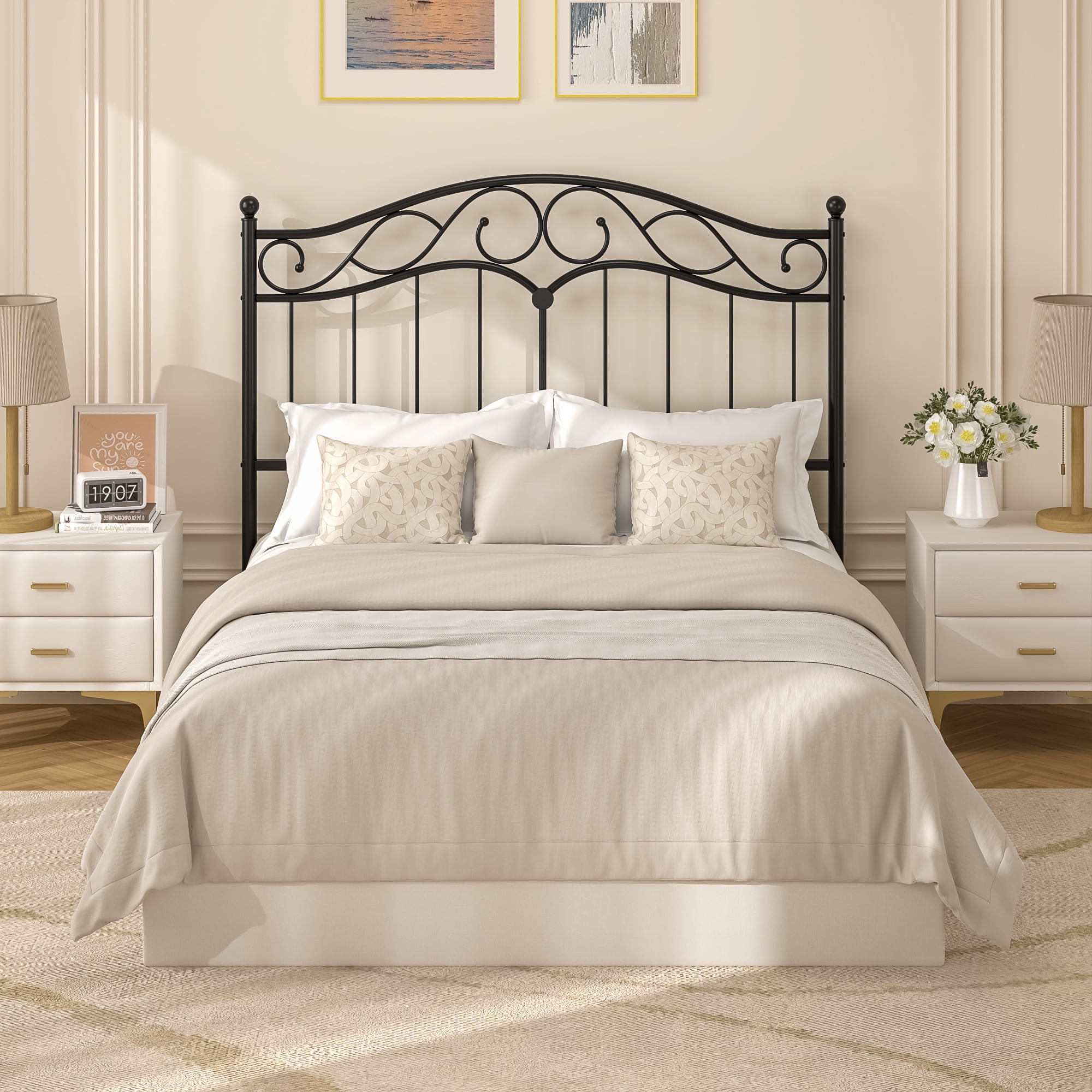 Yoneston Retro Sturdy Cute Scrolled Metal Full Size Headboard with Adjustable Height for Full Beds, Black