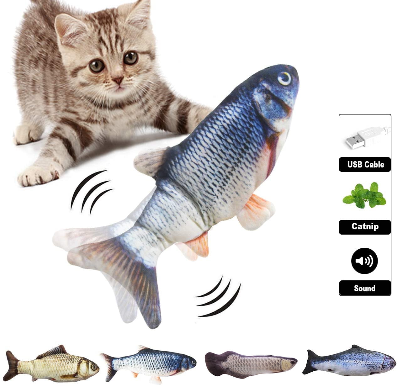 Realistic Plush Simulation Wiggle Fish Cat Kicker Fish Toy Pets Chew Bite Supplies for Kitten Cat Electric Floppy Fish Cat Toys 11 Interactive Moving Fish Catnip Toys