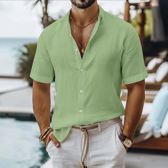 lcziwo T Shirts for Man Cotton Linen Breathable Short Sleeve Shirt Summer Beach Holiday Button Down Untucked Blouse Green XL