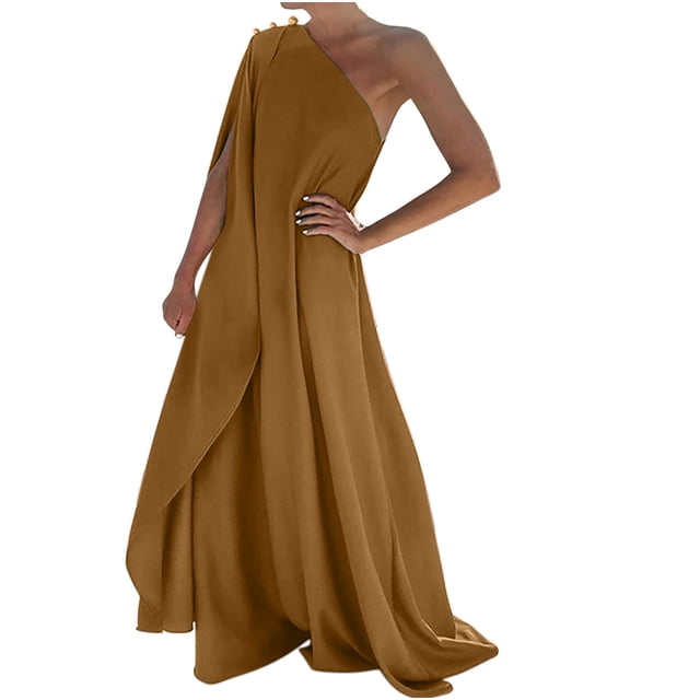 Birdeem Womens Temperament Solid Loose One-Shoulder Long Dress Sleeveless Ankle-Length Dress