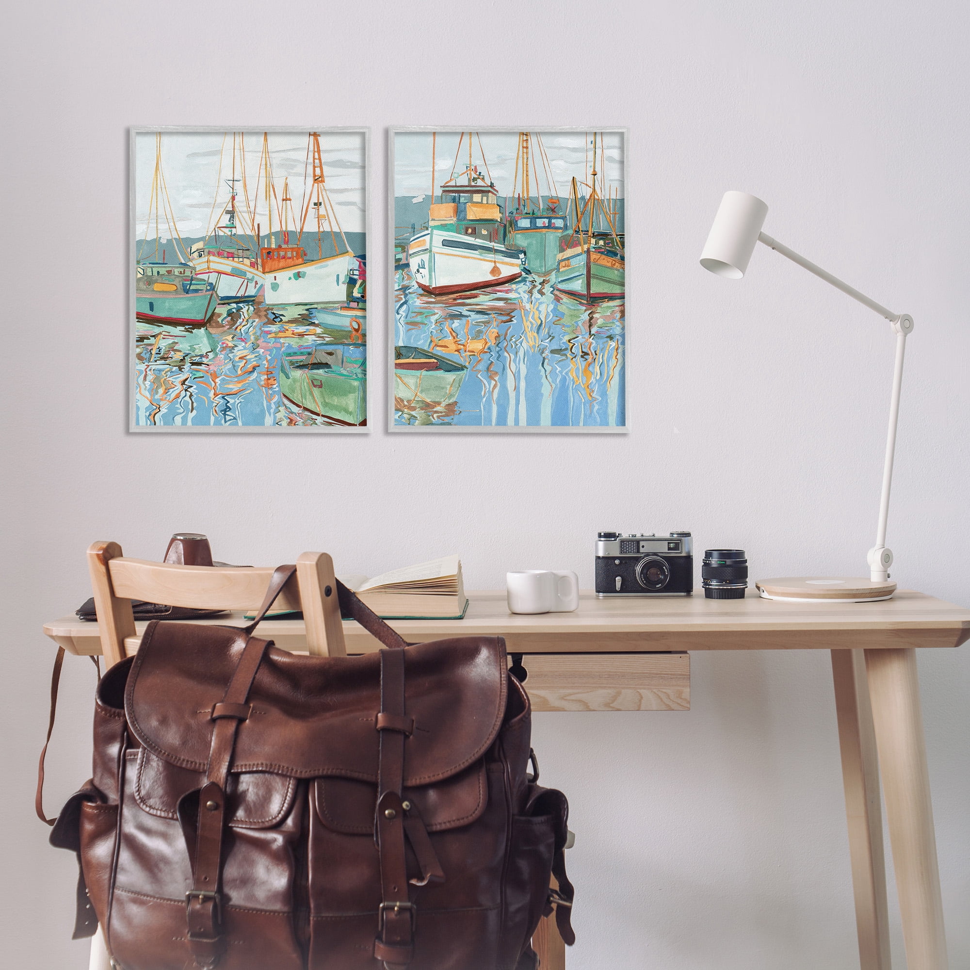 Stupell Industries Marina Ships Reflection Transportation Painting Gray Framed Art Print Wall Art, 16 x 20, Set of 2