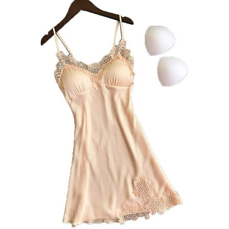 

CenturyX Summer Sexy Lingerie Women Satin Silk Lace Nightdress Babydoll Nightgown with Pad Soft Strap Women Chemise Nightdress Pink M