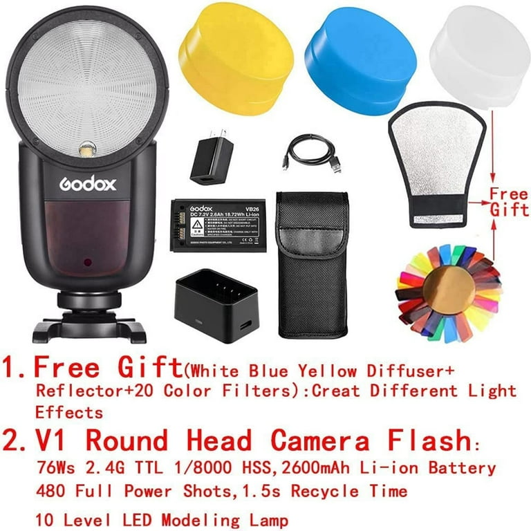 Godox V1-N Round Head Camera Flash for Nikon Flash Speedlight 76Ws 2.4G  1/8000 HSS 1.5s Recycle Time 2600mAh Li-ion Battery