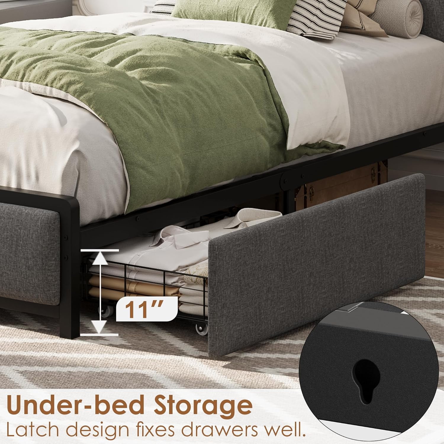 Hetoy Full Size Bed Frame with 4 Storage Drawers and Adjustable Headboard, Linen Upholstered Platform Bed Frame with Wooden Slats Support, No Box Spring Needed, White