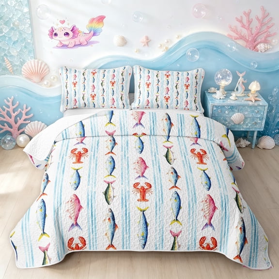 Manfei Cartoon Sea Animal Twin Quilt Set, Watercolor Fish Twin Coverlet Set, Light Blue White, 2pcs, 1 Bedspread and 1 Pillowcase