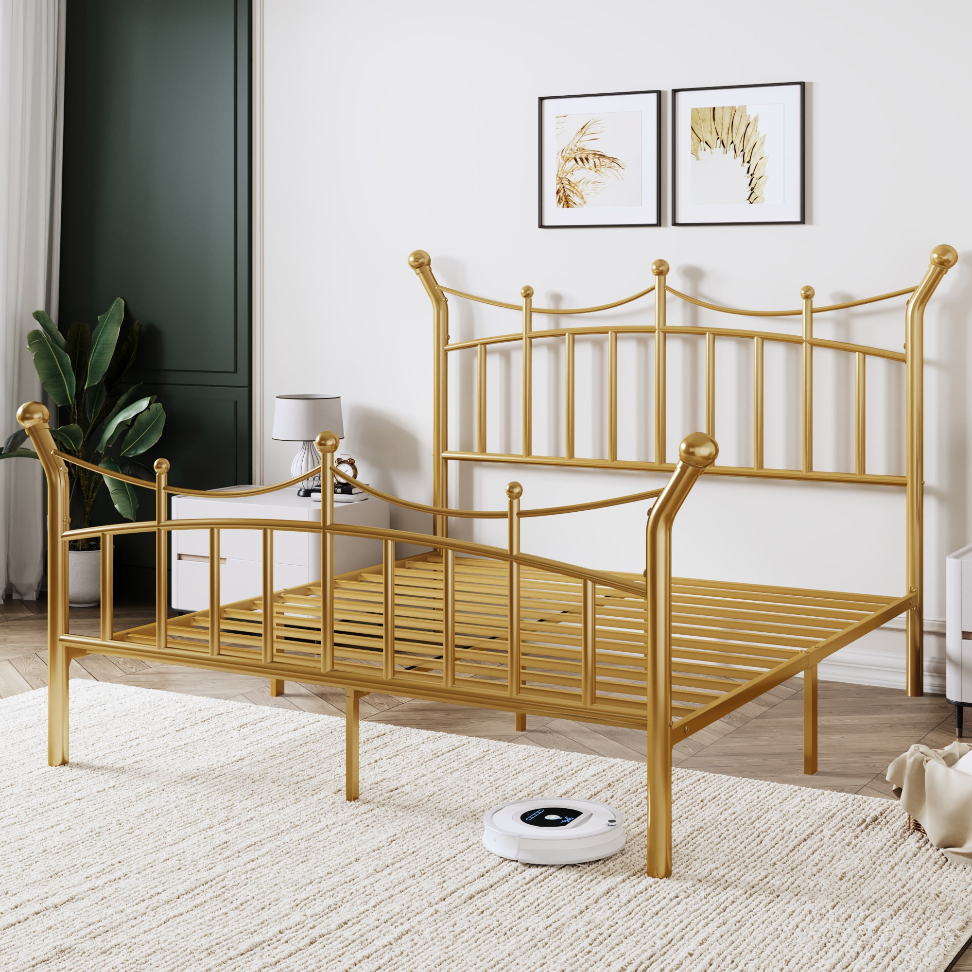 Allewie 14 Inches Queen Size Metal Platform Bed Frame with Elegant Crown Headboard & Footboard, Sturdy Mattress Foundation with Under-Bed Storage, Easy Assembly, No Box Spring Needed, Gold